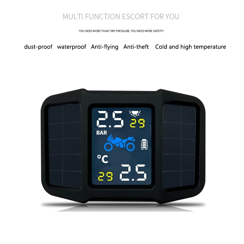

Motorcycle Tire Pressure Monitoring System Solar Power TPMS Real-Time Display Pressure Temperature Alarm
