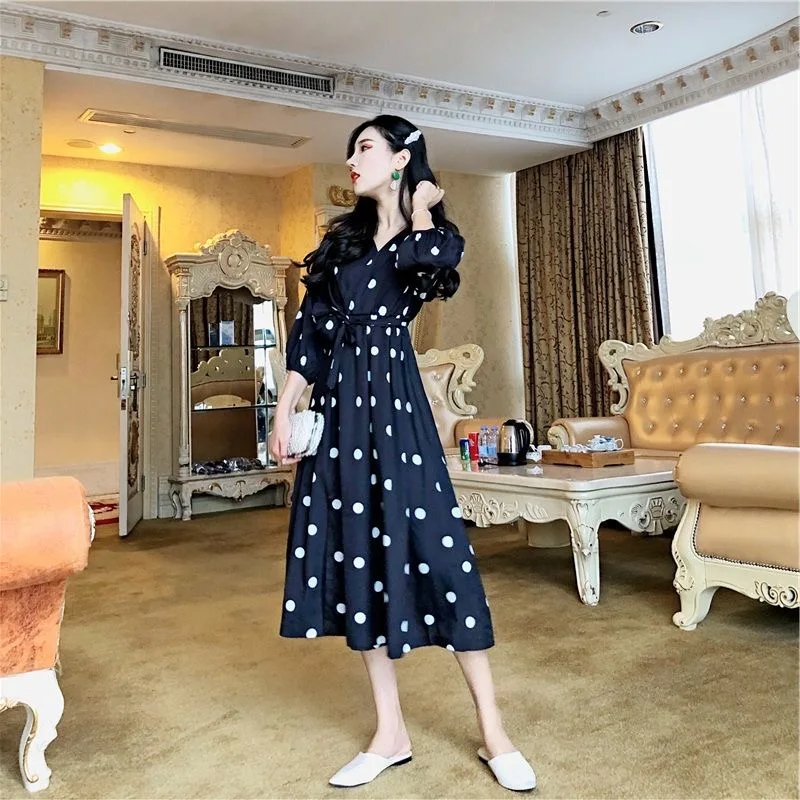 

Female chiffon dress quarter-sleeved polka-dot long skirt female thin split temperament resort elegant black and white skirt
