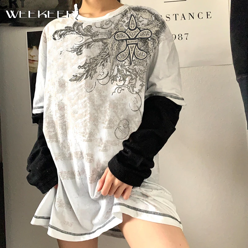 

Weekeep Vintage Patchwork T-Shirts Women Fake Two-Piece Long Sleeve Loose Tee Shirt Grunge 90s Floral Print Casual Fairycore Top