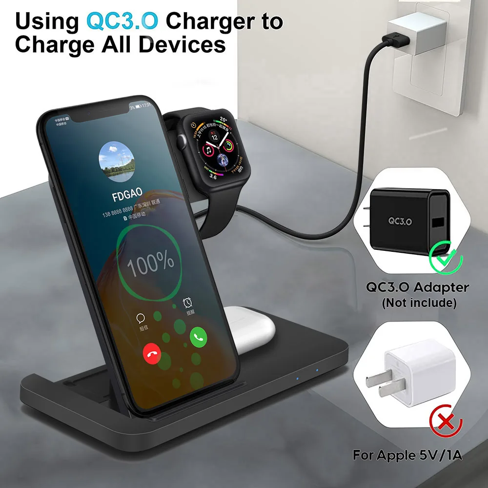 15w qi wireless charger stand for iphone 13 12 11 xs xr x 8 3 in 1 fast charging dock station for apple watch 6 se 5 airpods pro free global shipping