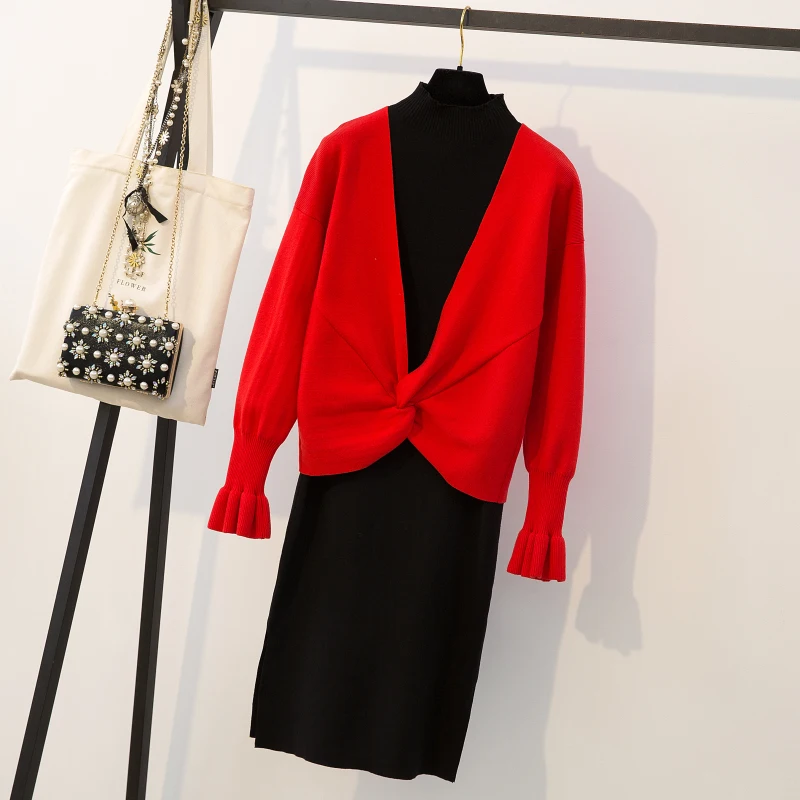 Plus Size good quality Autumn Women's Sweater + Straped Dress Sets Female Casual Two-Piece Suits Loose Knit Mini Dresses | Женская