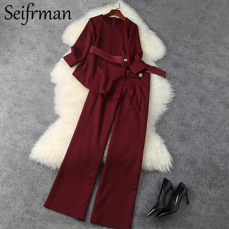 

Seifrmann Summer Womrn Fashion Runway Pant Set Long Sleeve Sashes Solid Printed Tops + High Waist Long Pants 2 Two Pieces Suits
