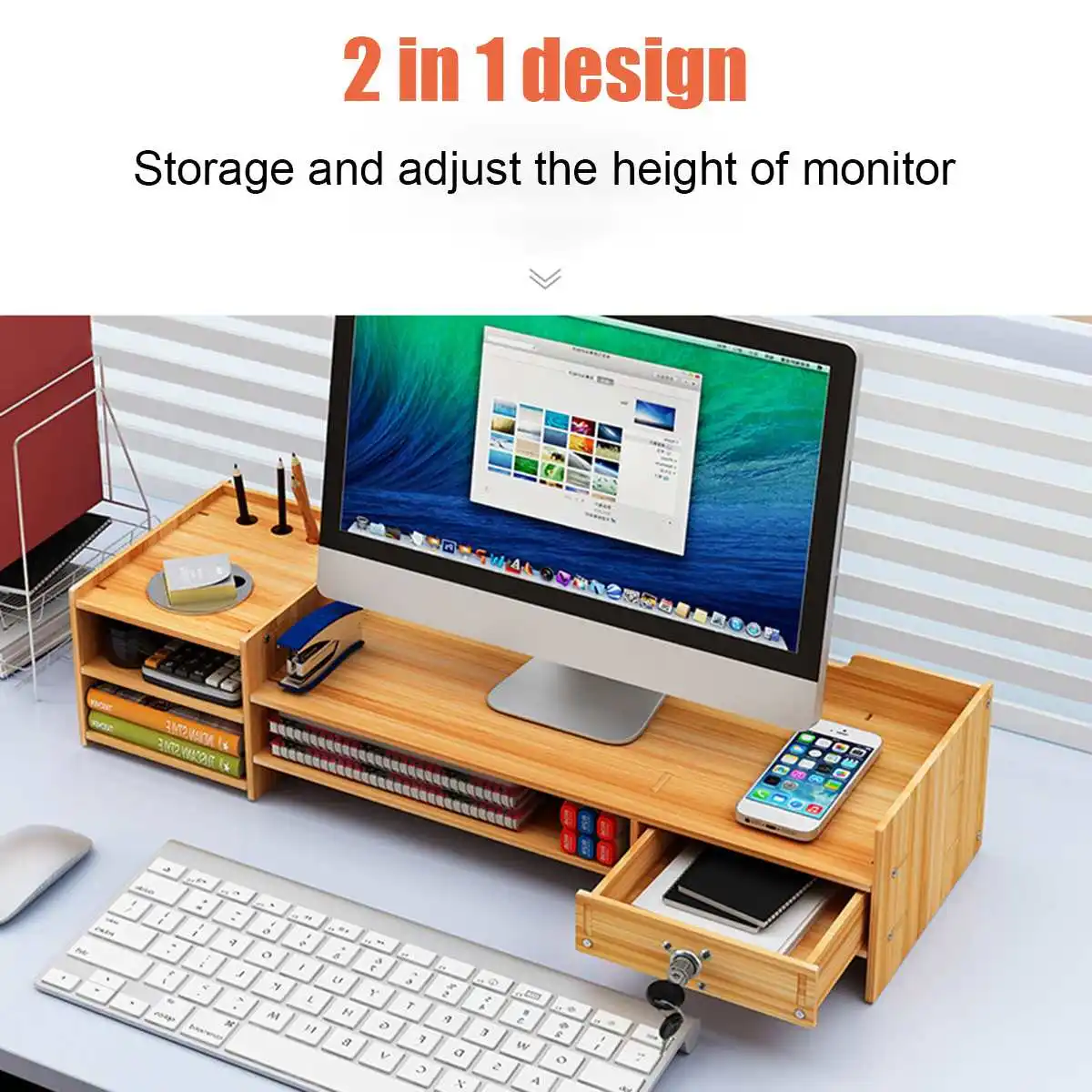 

Office Wooden Computer Stand Monitor Holder Multi-function Desktop Laptop Monitor Stand Shelf PC Screen Holder Supplies Desk