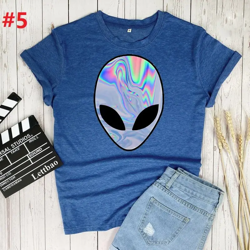 

Alien Rainbow Women Printed Girl Black Tshirt Summer Funny Graphic Tee Shirt Femme Harajuku Women Female T Shirt