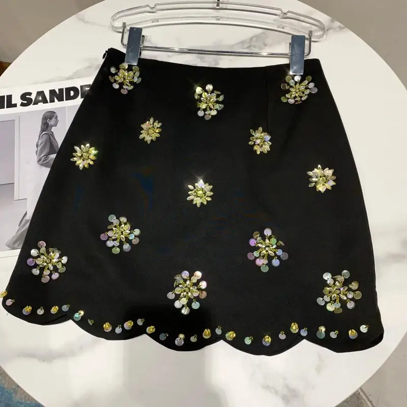 

Women Sweet Fashion Rhinestone Flower Beaded Sequins Hem Skirt Women's High Waist All-matching Short Skirt