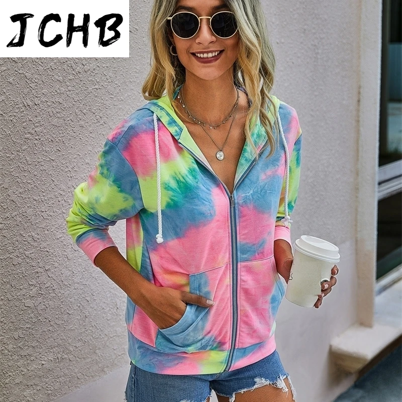 

Dye Tie Printed Zipper Hooded Women Coat Autumn Winter Casual Loose Drawstring Hood Long Sleeve Pocket Gradient Jacket Outerwear