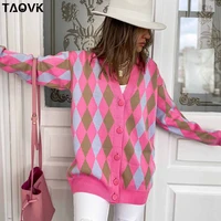 womens clothing knitted sweaters diamond plaid single breasted buttons loose casual knitted cardigan sweater