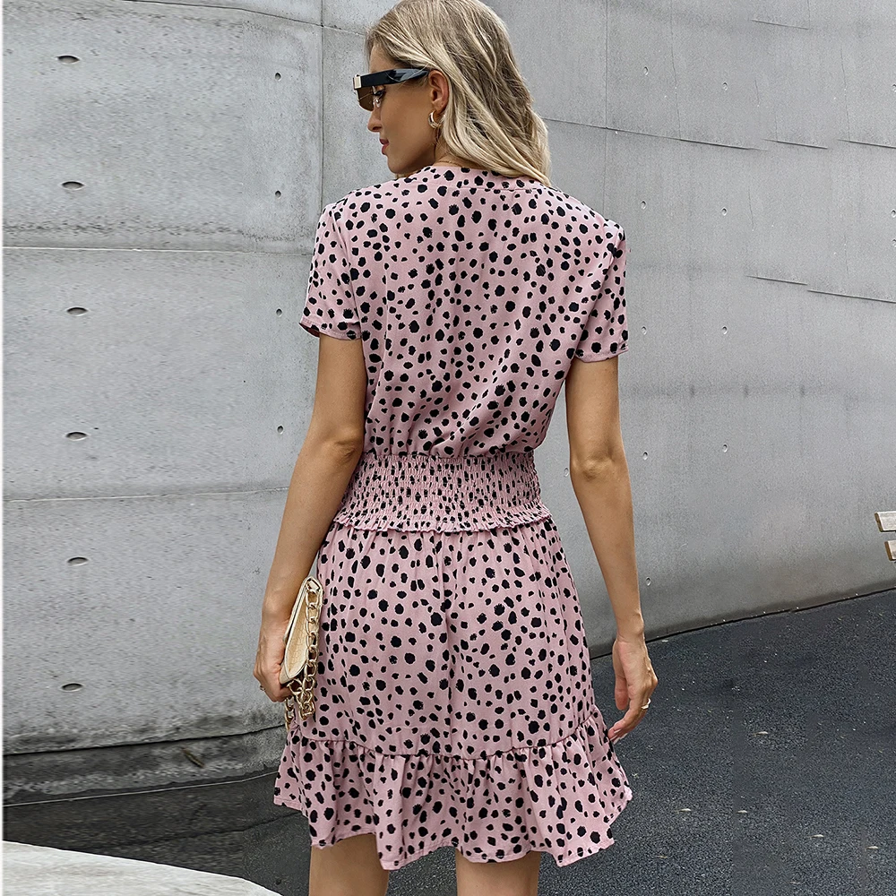 

Summer Polka Dot Dress Casual Ruffle Short Sleeve Women Mini Dresses Buttons Waisted Green Chiffon Dress Woman Party Dresses