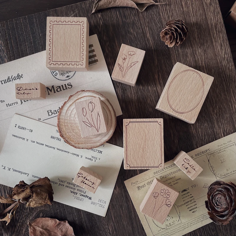 

3pcs/lot Wooden Stamp Set Retro Border INS English Flower Tulip Bullet Journaling Accessories DIY Decorative Log Seal Aesthetic