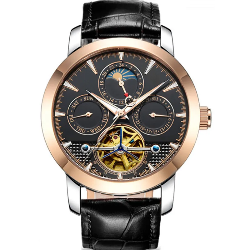 

Brand Classic Tourbillon Automatic Watches for Men Moon Phase Self-winding Mechanical Wrist watch Week Calendar Waterproof Reloj