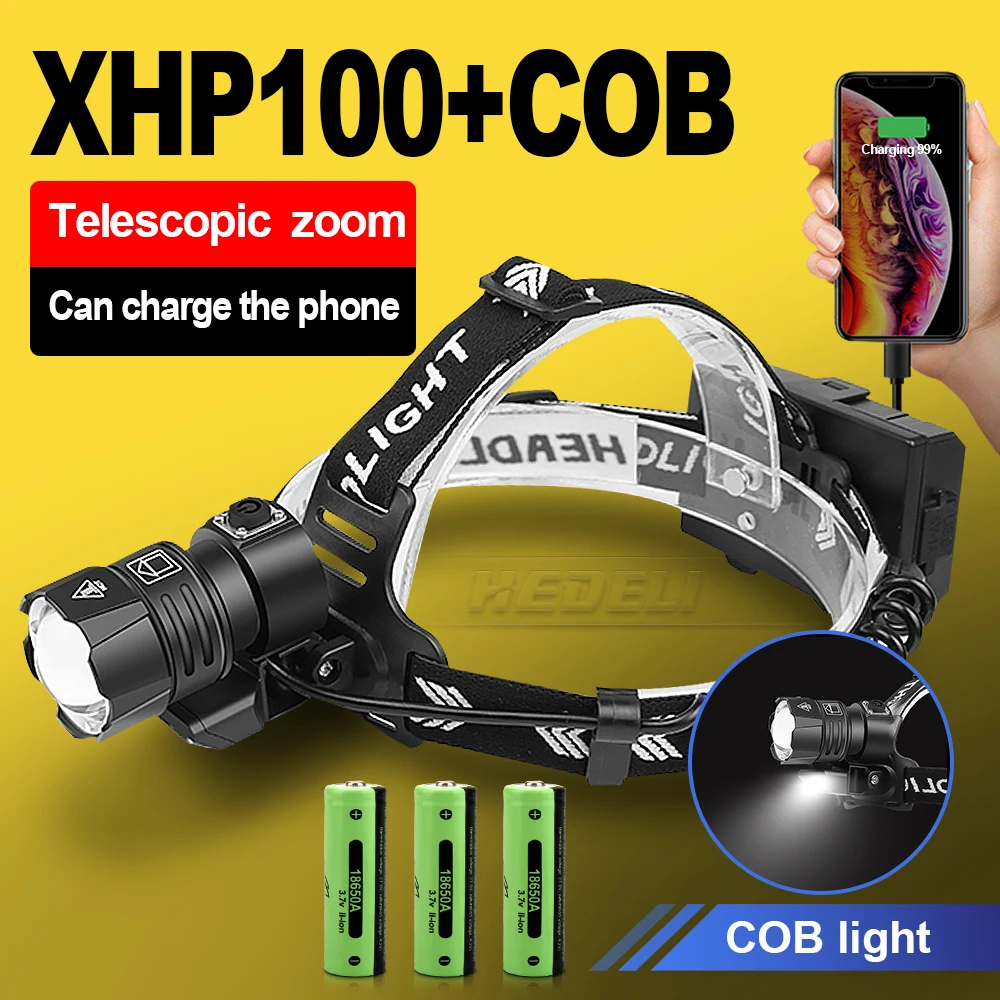 

Светодиодный фонарь xhp100 фар 400000LM COB фара с зарядкой по usb 18650 Водонепроницаемый Супер мощный налобный фонарь для рыбалки фонарь