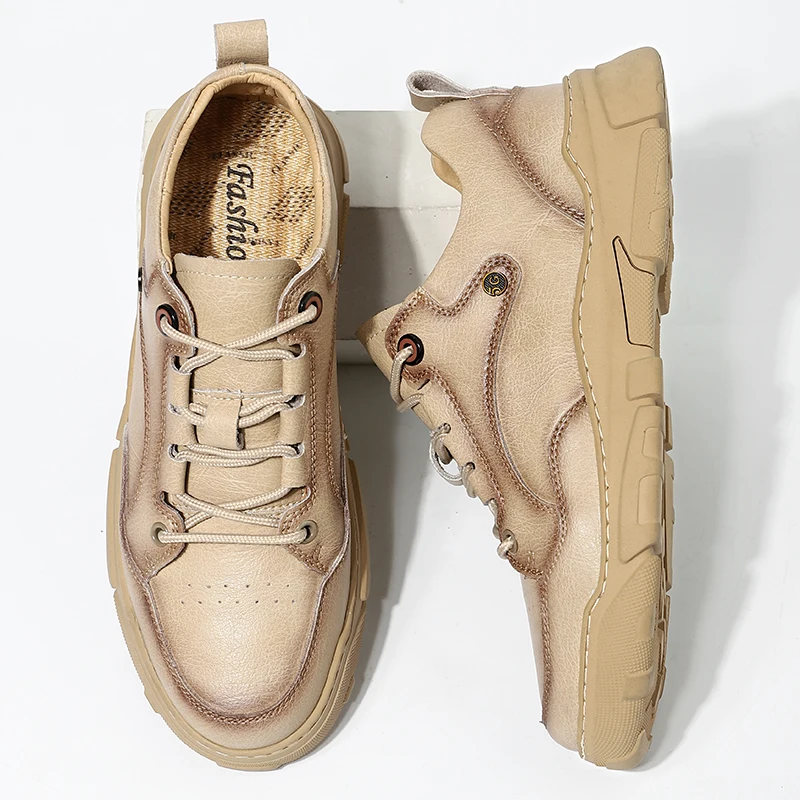 Harga Sepatu Kasual Pria Sepatu Bertali Pergelangan Kaki Pasir Coklat Musim Semi Musim Gugur Sneakers Kulit Asli Harian Sepatu Pria Muda Zapatos Hombre