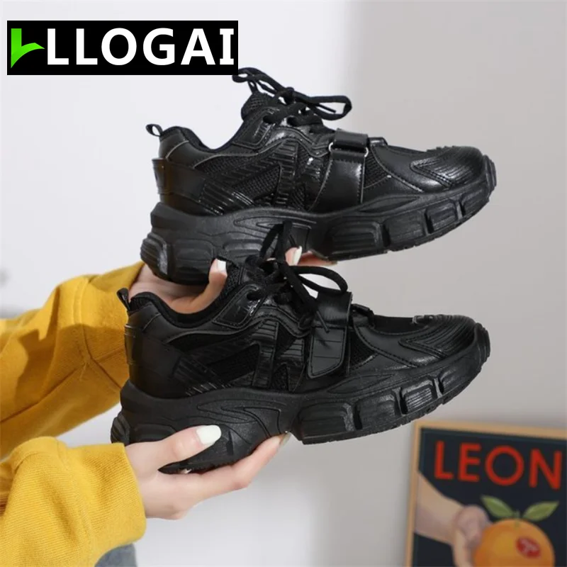 

Кроссовки женские на толстой подошве, повседневная прогулочная обувь, дышащие, Вулканизированная подошва, для ходьбы, черные, весна