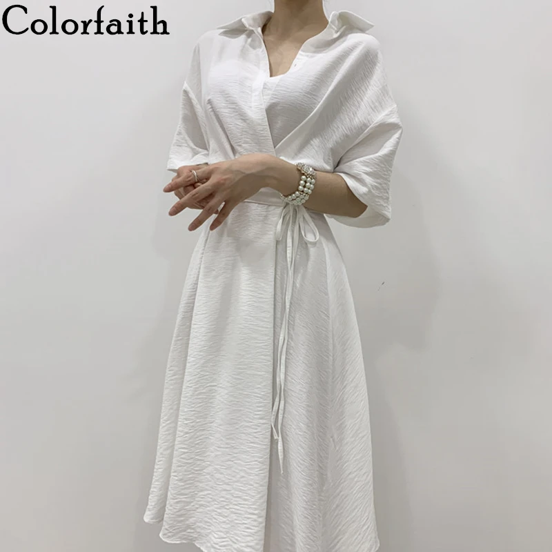 Colorfaith/Новинка 2019 года сезон весна лето женские платья рубашки до середины икры с