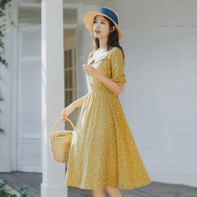 INMAN Summer Elegant White Vintage One Piece Square Collar Reveal Clavicle Shivering Nipped Waist Short Sleeve Floral Dress | Женская