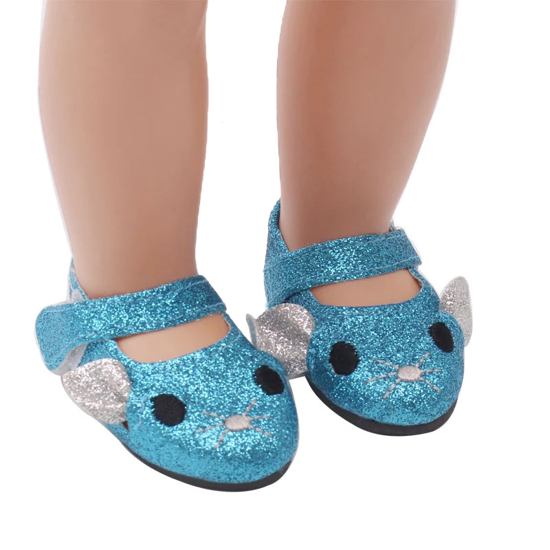 

18 Inch American Doll shoes Cute blue shiny mouse shoes PU newborn shoe Girls Baby toys fit 43 Cm Boy Dolls s131
