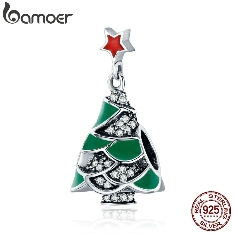 BAMOER 925 пробы Серебряная Рождественская елка и звезда, прозрачный CZ Шарм бусины подходят для женщин браслет браслеты ювелирные изделия Рождественский подарок SCC307