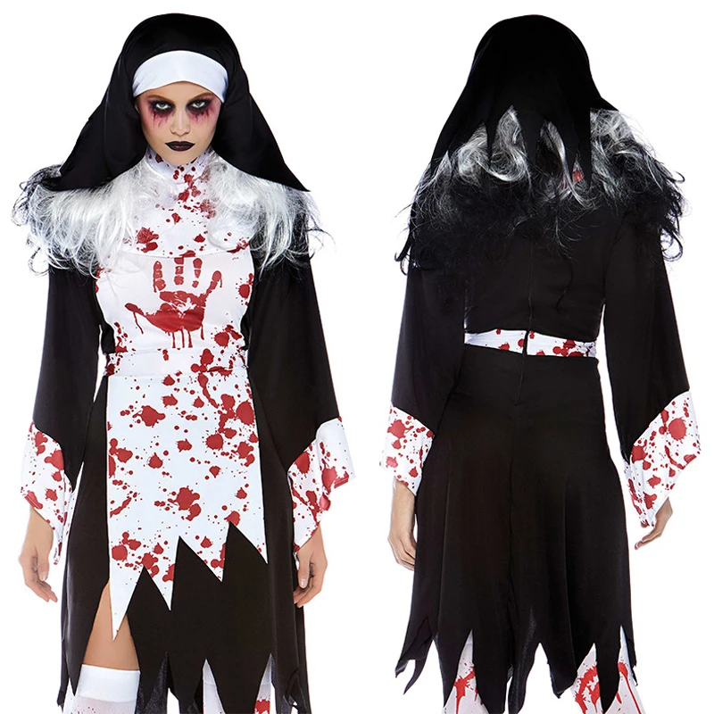 Disfraz de Horror para Halloween, traje de mujer, estampado de sangre a mano, personaje del juego de miedo de Nun, sacerdote, Cos, romboide negro, Vintage