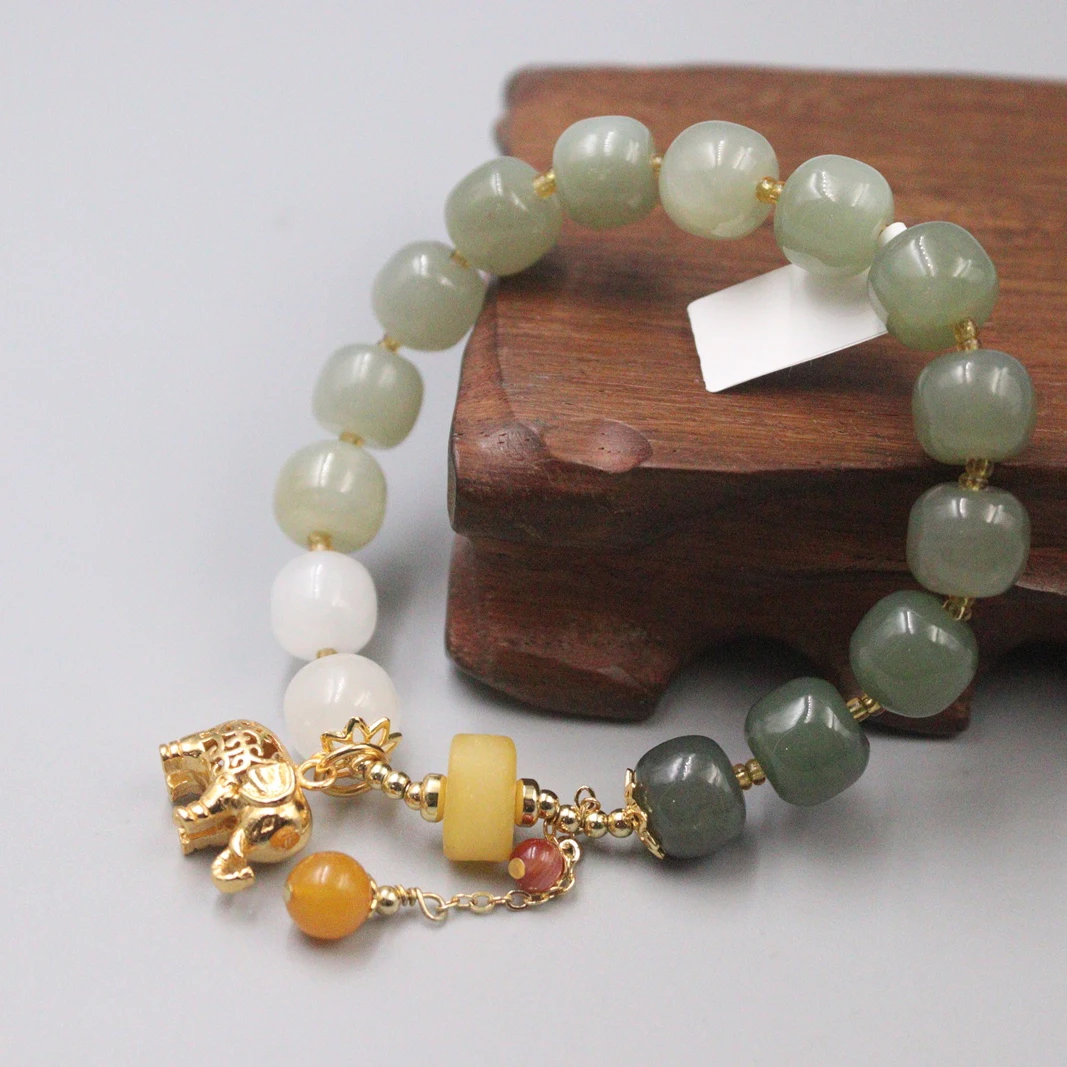 

Natural Hetian Jade Bead Bracelet For Women Female Many Treasures Charms Amber Beads Green Jade Gold Elephant Bracelet 16-17cmL
