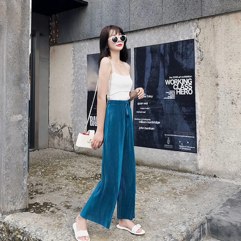 

Pleated Wide Leg Pants Women's Pants High Waist Drape Summer Loose Casual Pants Chiffon Viscose Fiber Capri-Pants
