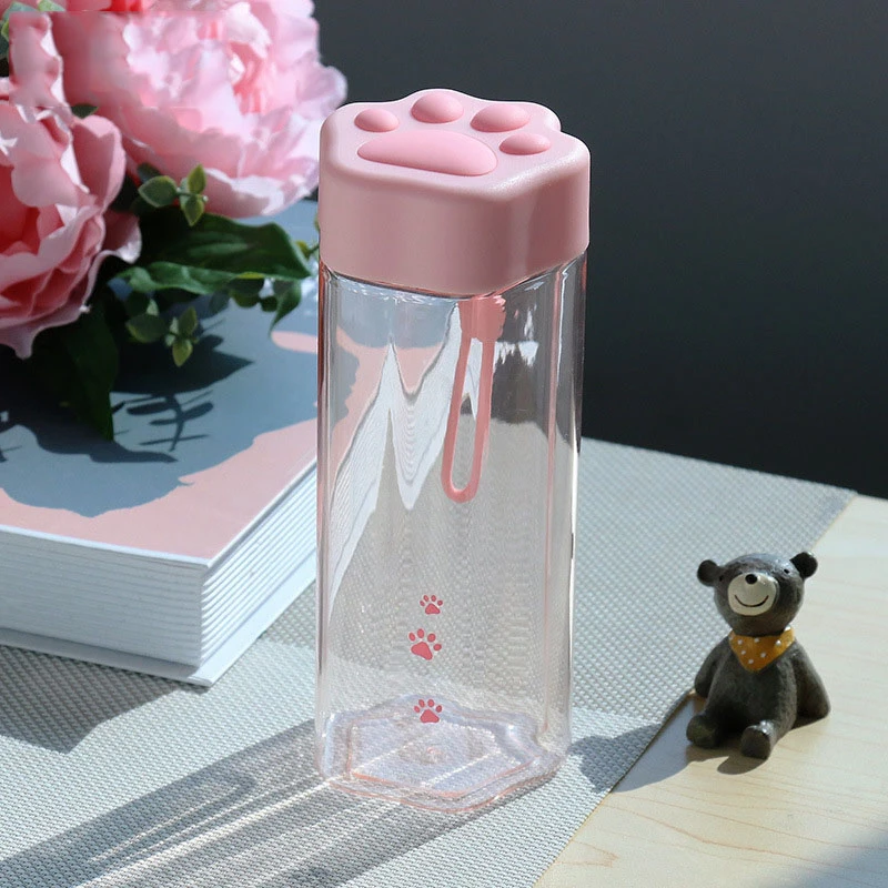 

Novelty Lovely Cat Paw Water Bottle Creative Cute Transparent Plastic Milk Drinking Cup BPA Free Portable Cups With Handle