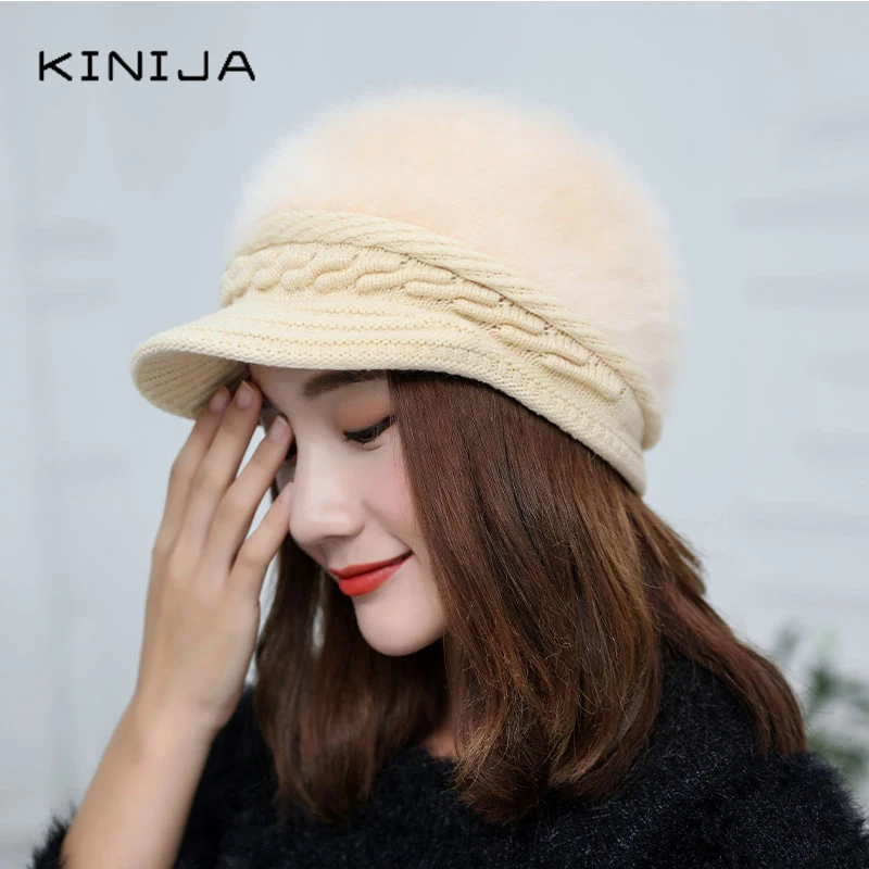 Зимние теплые женские вязаные шапки бини шапка из кроличьего меха теплая и