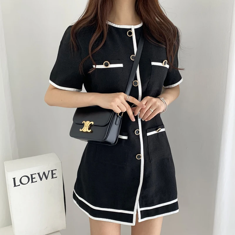 

Single Breasted Summer Mini Dress Women O-Neck Short Sleeve Casual Korean Party Dress Office Lady Vintage Contrast Color C572