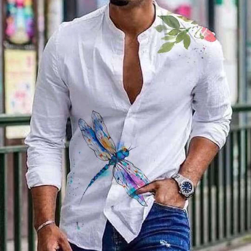 

Fashion City O Neck Slim Print Pattern Shirts Tops Spring Autumn Men Causal Long Sleeved Single Breasted All Match Shirt Tops