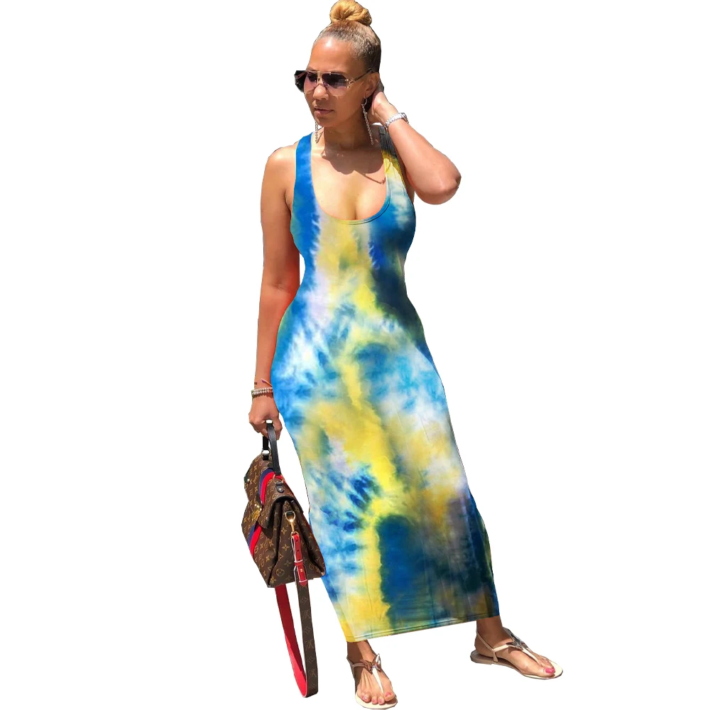 2020 Women Summer Tie Dye Galaxy Print Cross Open Back Sexy Sleeveless Tank Maxi Dress Beach Casual Slim Pencil Long Dresses | Женская