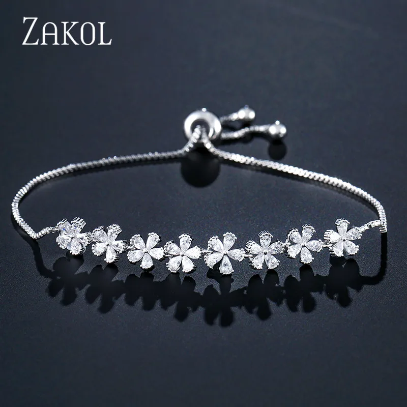 ZAKOL, Новое поступление, белый Фианит, циркон, камни, цветок, шарм, регулируемые браслеты для женщин, модные свадебные ювелирные изделия, FSBP2136 - Окраска металла: White Color