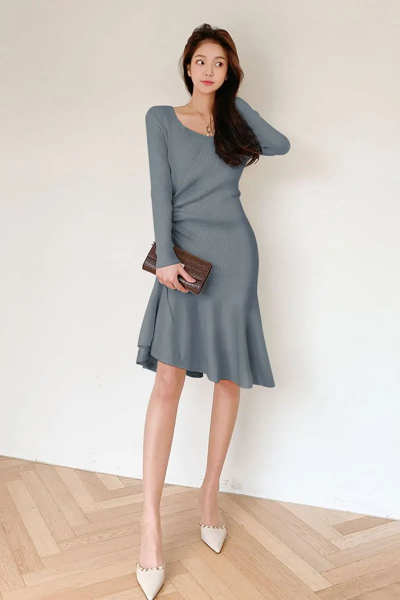 

Elegant Korean Winter Vestidos Women Sexy Slim Knitted dress Sexy V-neck Slim Waist Warm dress Casual Female Sweater Dresses