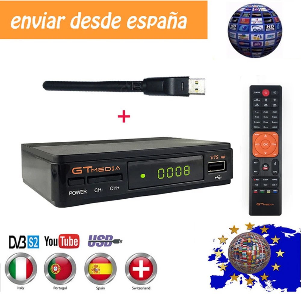 1 год Испания Европа Cline GTMEDIA V7S HD DVB-S2 1080P спутниковый ТВ приемник+ USB wifi Португалия Испания Германия ТВ тюнер PK V8 супер