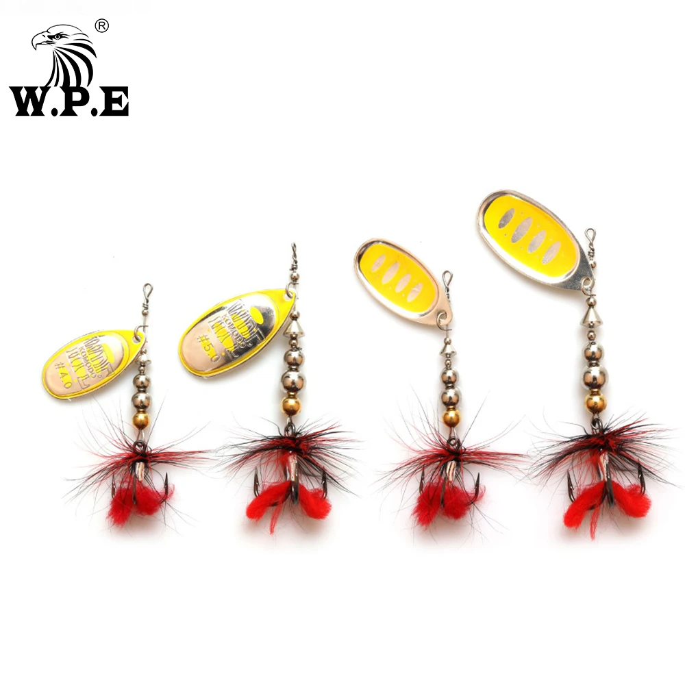 W.P.E Brand NEW Spoon Lure 1pcs 4#/5# Spinner Lure Bass Fish Hard Lure Brass Swim Bait Feather with Treble Hooks Wobblers Tackle