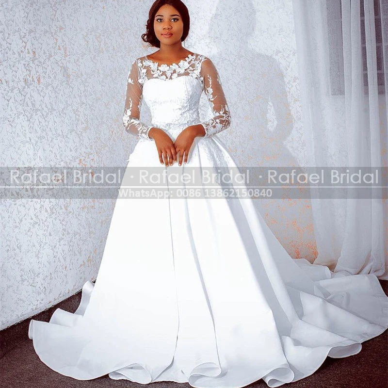 

White Satin Full Sleeves Wedding Dress With Appliques Long Sleeves Puffy A Line Illusion Neck Sweep Train Dresses Bridal Gown