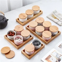 ceramic divided grid fruit platter with wooden lid tray candy snack box mini round storage bottle kitchen food container decor