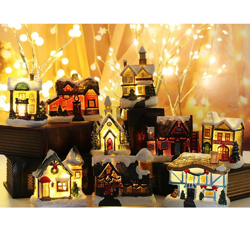 

Christmas Resin Small House LED Lights Village House With Warm Lighting Micro Landscape Building Home Malls New Year Decorations