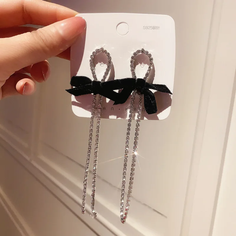 

2020 New Fashion Ins Crystal Tassel Bow Long Earrings Women Girls Party Earring Gift Prevent allergy 925 Silver Jewelry