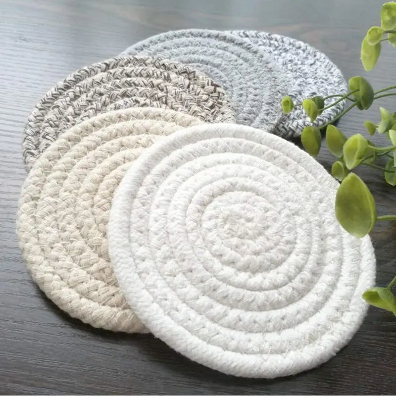 Promotion! Round Cotton Braided Table Place Mats Coaster Non-Slip Set of 5 Cups Dining Kitchen Washable Small | Дом и сад