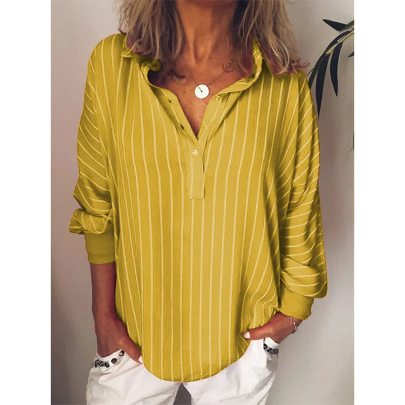 

Fashion summer Woman blouses stripe Loose Casual Striped Button Lapel girl Long Sleeve Shirt Top Blouse button female clothing