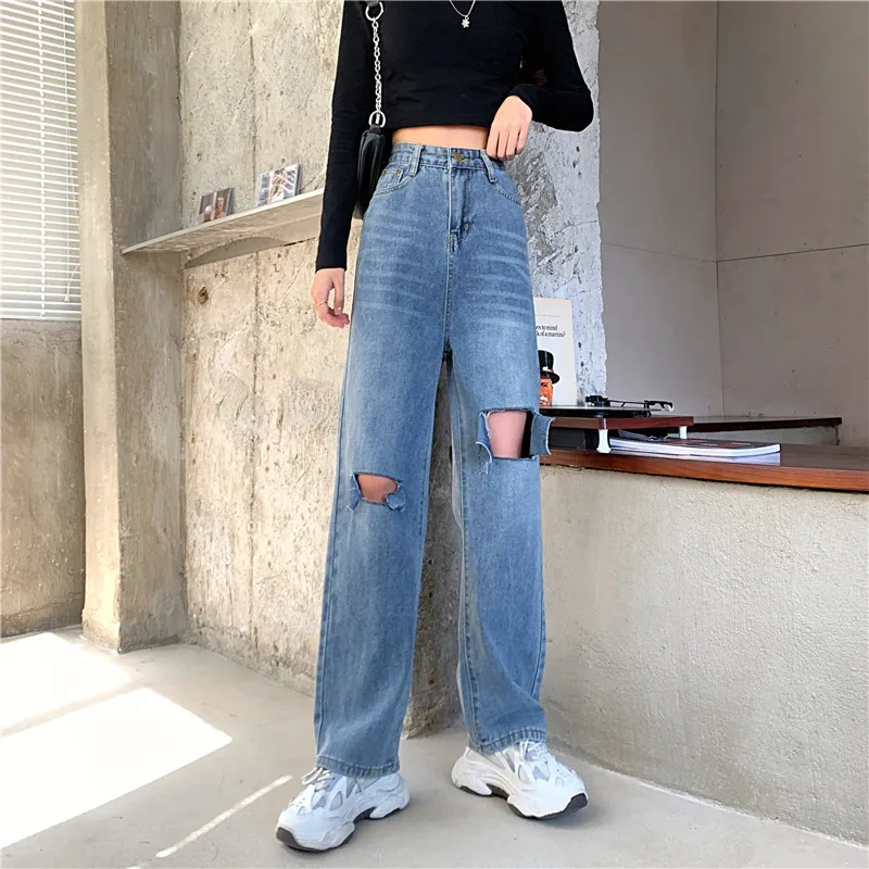 

Woman Jeans Ripped High Waist Clothes Wide Leg Denim Clothing Streetwear Vintage Quality 2021 Fashion Harajuku Straight Pants