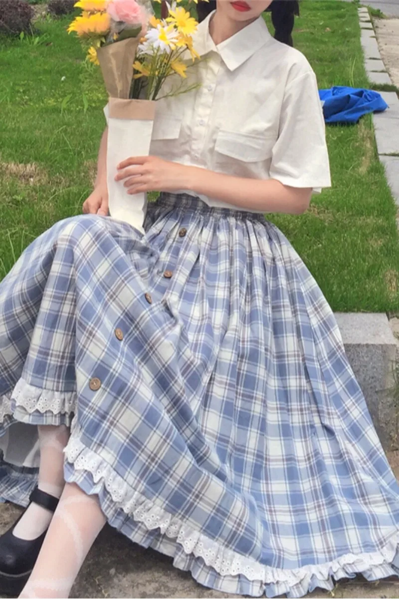 

Japanese Lolita Style Summer Women Skirt High Waist Vintage Plaid Buttons Skirt Elegant Ruffles Cute Skirts
