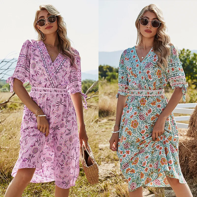 

2021 Summer Casual Fashion Green Pink Dress V-neck Short Sleeve Floral Coffon Elastic Waist Vestido Mujer Dresses for Women