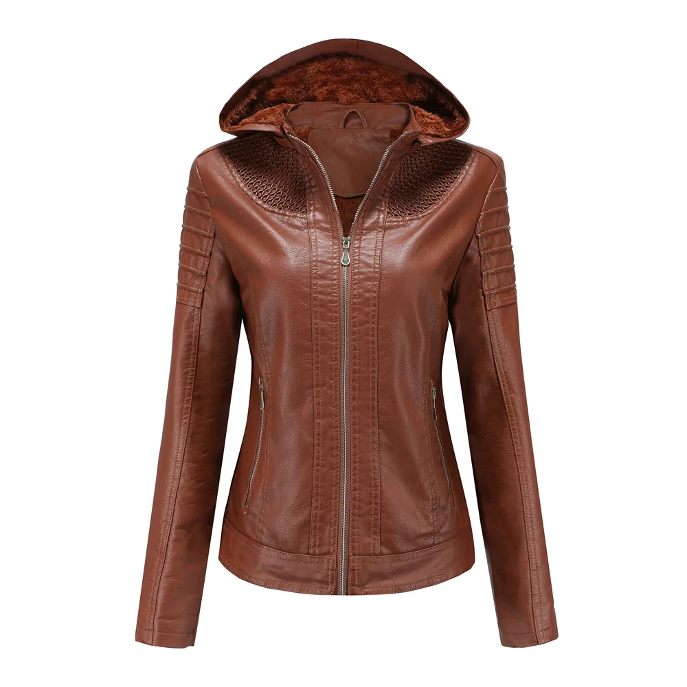 2021 new European and American autumn and winter clothes detachable hooded leather clothes women's Plush warm jacket