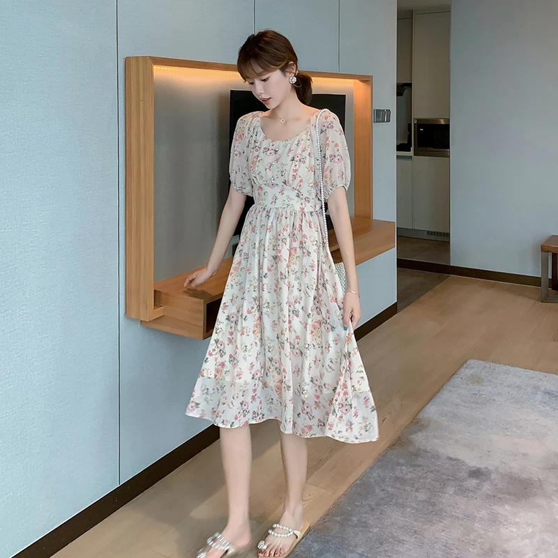 Шифоновое платье с коротким рукавом и цветочным принтом для девушек милое летнее