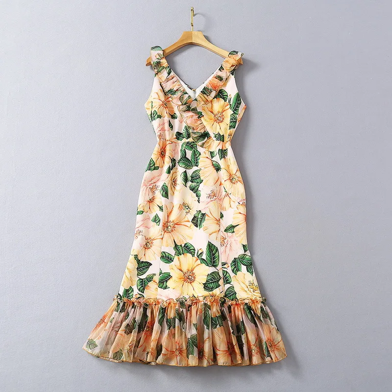 European and American women's clothing new 2021 spring  Flower print sleeveless V-neck  Fashionable fishtail dresses