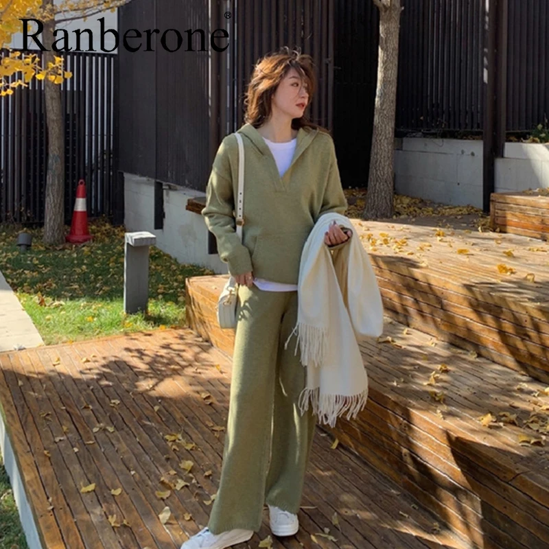 Ranberone Sport Suit Female V-neck Sweater+Wide Leg Trousers Women's Tracksuit Autumn Winter Two Piece Suit Fitness Sportswear