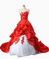 vintage white and red ball gown wedding dress for women appliques lace ruched train plus size lace up long corset bridal dresses