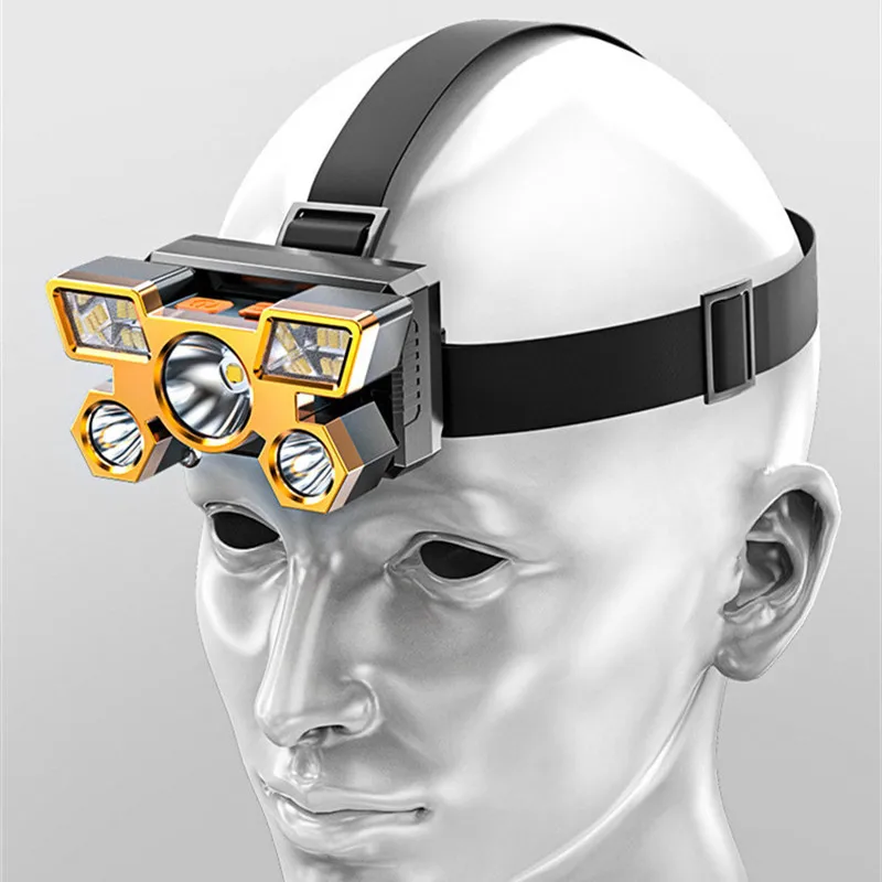 Налобный фонарь с 5 светодиодный одами и встроенным аккумулятором на 1200 мАч 18650 лм