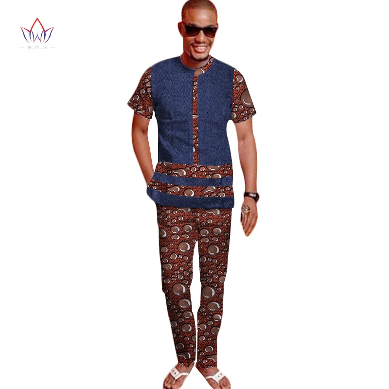 

Bazin богатый африканский восковой принт, ковбойский Топ, костюмы и брюки, анкарская одежда, комплект из двух предметов, Мужская африканская о...