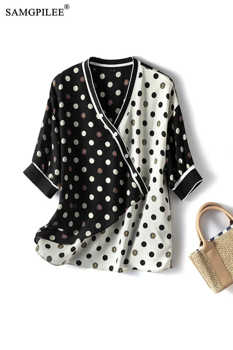 

Summer Tees 2021 New Office Lady Chiffon Short Sleeve Shirt Women Asymmetrical Polka Dot Pattern V-neck Vintage T-shirts 4XL